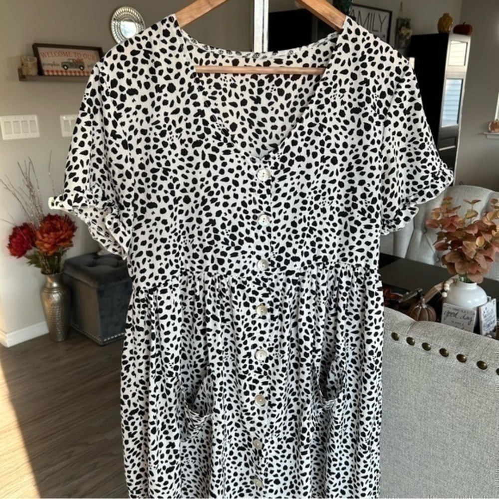 💋SHEIN Animal print black white baby doll dress 👗 shirt 👚 top M - Picture 3 of 8